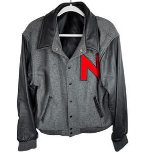 Vintage 90s Wool Leather Varsity Jacket Gray Black Snap Front “Novell” Men’s M